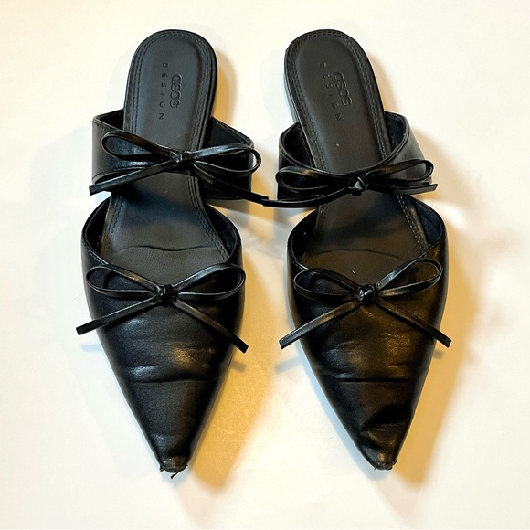 ASOS adorable black faux leather pointed bow slip on flats/mules - Picture 7 of 16